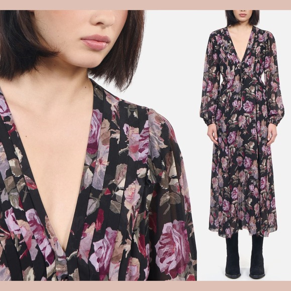 NWT The Kooples [ SZ 3 ] English Rose Floral Long Sleeve Maxi Dress Black #U1266 - Picture 2 of 16